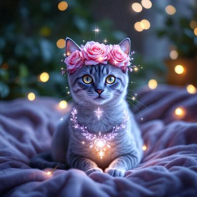 The primary subject of the image is a gray and white cat sitting on a bed. The cat is wearing a pink flower crown, giving it a unique and adorable appearance. The setting is a bedroom, with a pink blanket visible beneath the cat. The visual style of the image is a combination of photo and digital art, creating a whimsical and charming scene. The dominant colors in the image are pink and white, giving the scene a warm and inviting atmosphere.